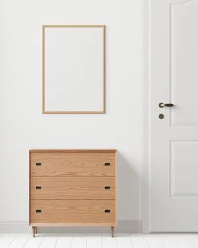 Room and the white wall background, wooden cabinet and door , minimal style , Stock Illustration