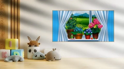 Room with animation on the screen with a summer landscape Stock Footage 201405029