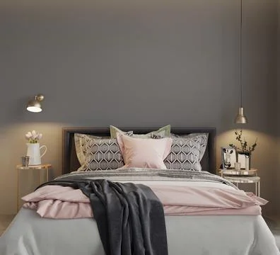 Room with bed and soft pillows, 3d render Stock Illustration