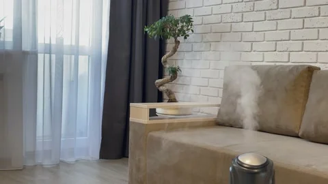 Room with beige sofa and working humidifier. Humidifier for home, adds moisture Stock Footage 171301598