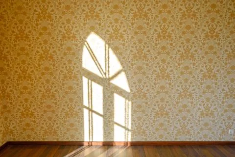 Room with beige wallpaper, a reflection of a window with solar lights on the  Stock Photos