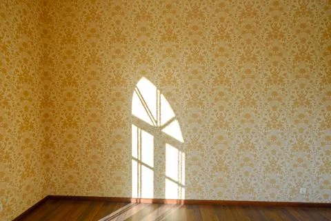 Room with beige wallpaper, a reflection of a window with solar lights on the  Stock Photos
