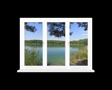 Room with big window with panoramic view to forest lake Stock Photos