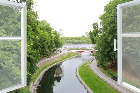 Room with big window with panoramic view to beautiful river Stock Photos