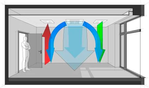 Room with big window ventilated and cooled by ventilation and air conditioning Stock Illustration