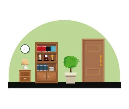 Room bookshelf trophy clock small table lamp pot tree door Stock Illustration