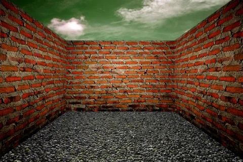 Room with a brick wall, the sky background Stock Illustration