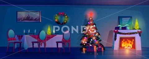 Room at Christmas night, empty home interior. Stock Illustration