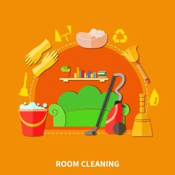 Room Cleaning Round Composition 스톡 일러스트
