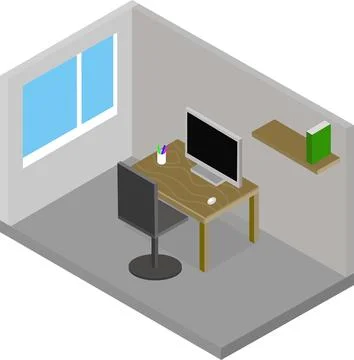 A room with a computer in a gray office, on a brown table in 3 d on a white.. Stock Illustration