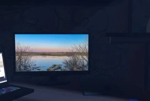 A room with a computer on a table in the moonlight at night 3d-rendering Stock Photos