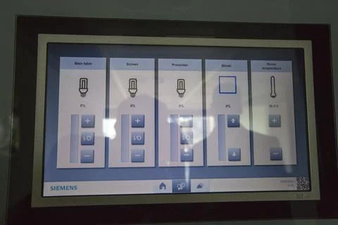 A room control panel in the Crystal building which is the first building in t Stock Photos