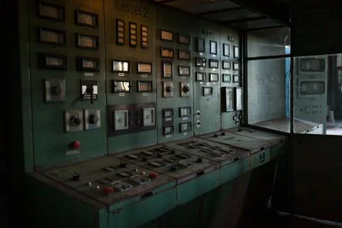 Room with controlling scales of the former power station Stock Photos
