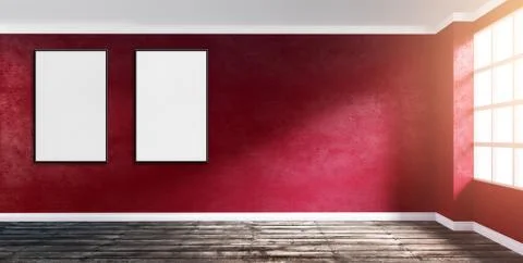 Room corner with ruby red plaster wall with poster mock up. Stock Illustration