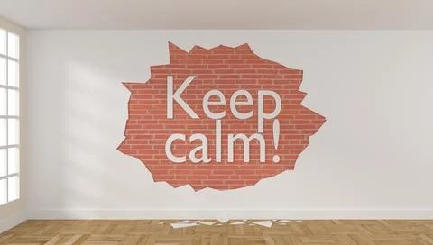 Room with crumbling plaster on the wall and the words Keep calm Stock Illustration