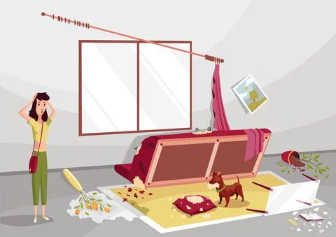 Room damaged by dog. Problem of pet dog owner, bad domestic animal behavior Stock Illustration