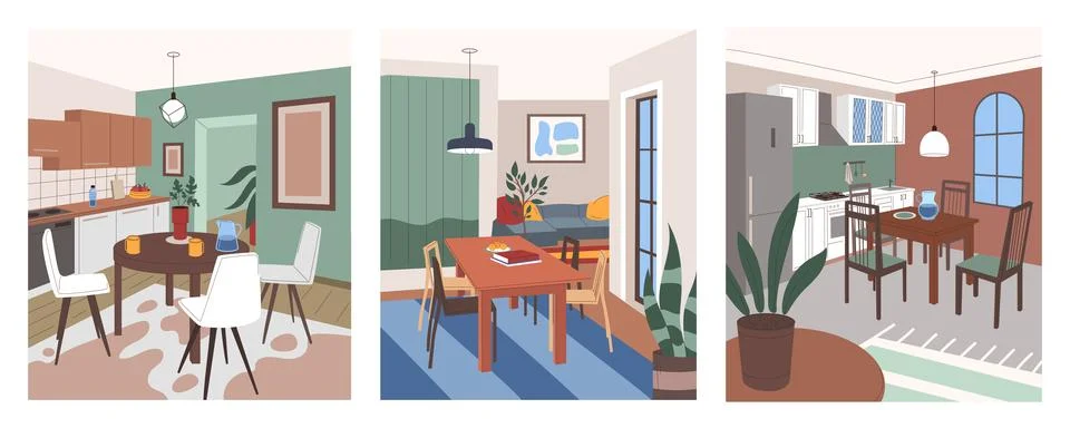 Room for dinner. Interior of kitchen with dining table. Design house. Space for イラスト素材