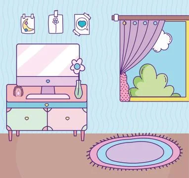 Room drawer computer flower window carpet and drawings in wall Stock Illustration
