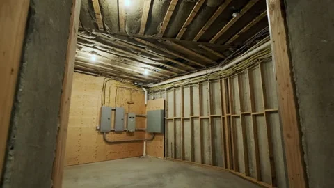 Room with Electrical Circuit Breaker panel in new wooden home construction Vidéo 205428890