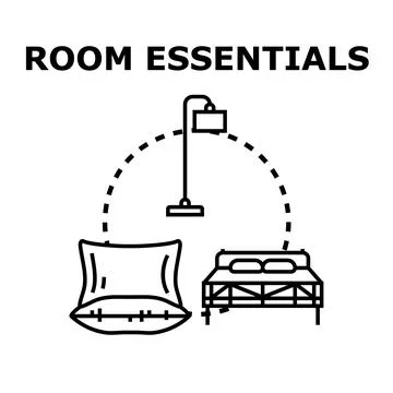 Room essentials concept with bed, pillow, and lamp Stock Illustration