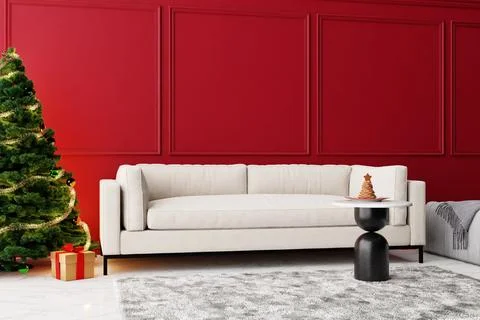 A room features a green Christmas tree with lights beside a white sofa on a.. Stock Illustration