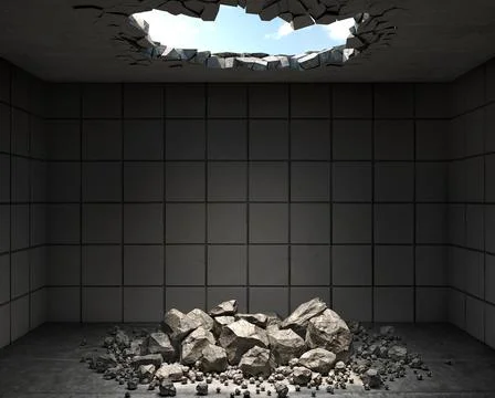 Room with a hole in the ceiling and the fallen pieces and rocks on the floor, Stock Illustration