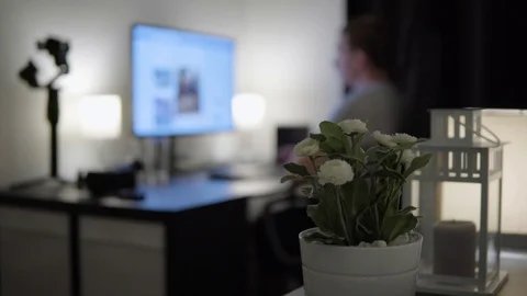 A room inside a home, a close view of a flower pot, a young man sits by his 스톡 동영상 124734536