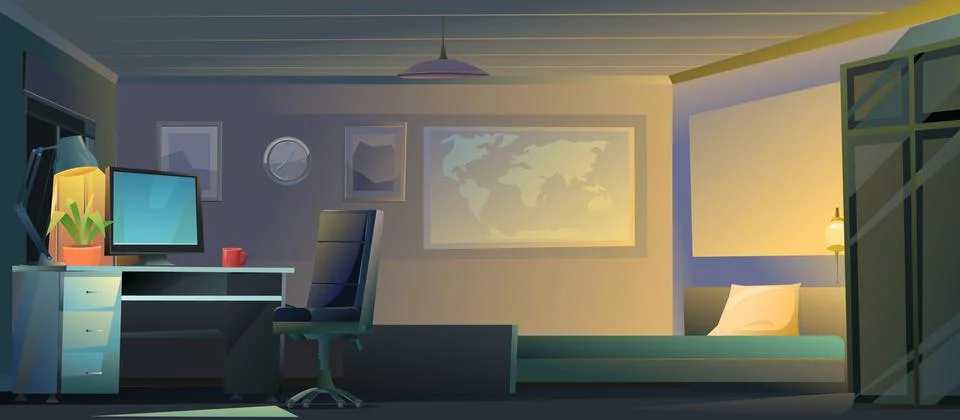 Room interior with bed and computer table. Cozy room with furniture, windows  Stock Illustration