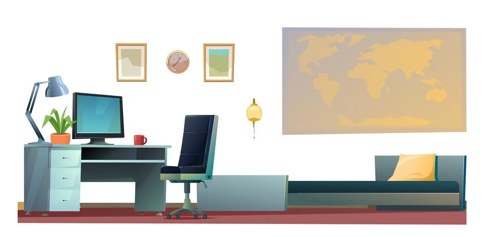 Room interior with bed and computer table. Cozy room with furniture, windows and Stock Illustration