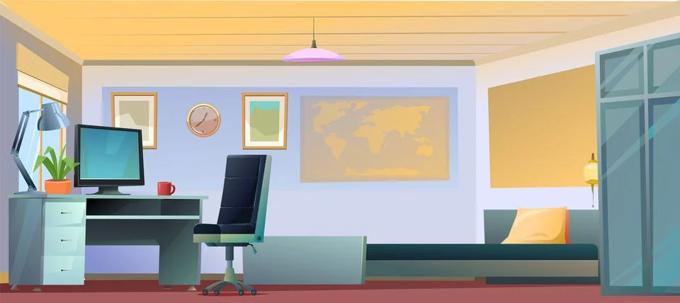 Room interior with bed and computer table. Cozy room with furniture, windows  Stock Illustration