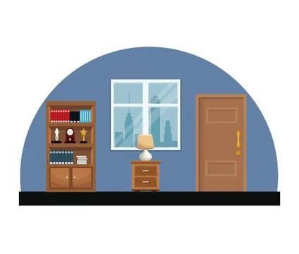 Room interior bookshelf encyclopedia clock trophy window and door Illustrazione stock