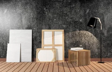 Room interior with canvas on black cement wall Stock Illustration