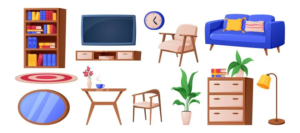 Room interior. Cartoon table, couch and bookshelf, house design isolated Illustrazione stock
