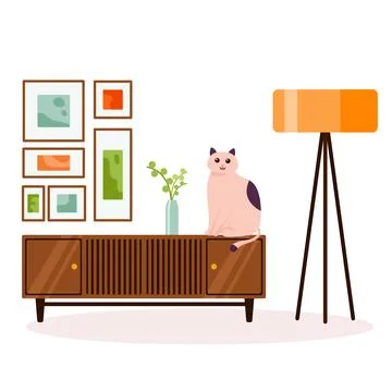 Room interior with cat flat style. Living room interior with tv table, pictures Illustrazione stock