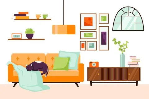 Room interior with cat flat style. Living room interior with sofa, houseplants Illustrazione stock