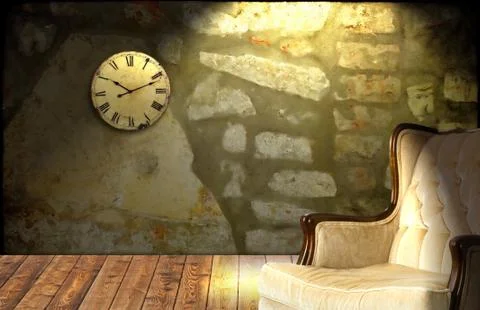 Room interior with clock face and vintage armchair. Illustrazione stock