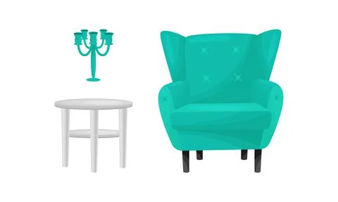 Room Interior Design Elements with Armchair and Table Vector Set Illustrazione stock