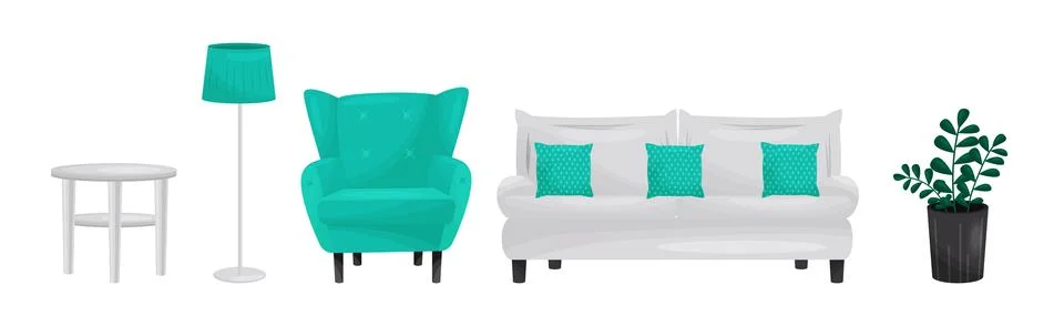 Room Interior Design Elements with Chair, Lamp, Armchair, Sofa and Houseplant Illustrazione stock