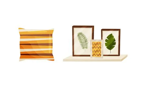 Room Interior Design Elements with Framed Picture Rested on Shelf and Pillow 스톡 일러스트
