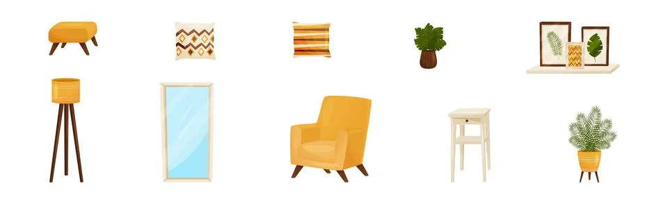 Room Interior Design Elements with Lamp, Armchair, Pillow, Chair, Mirror and Illustrazione stock