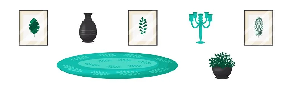 Room Interior Design Elements with Picture in Frame, Vase, Mat, Houseplant and Illustrazione stock
