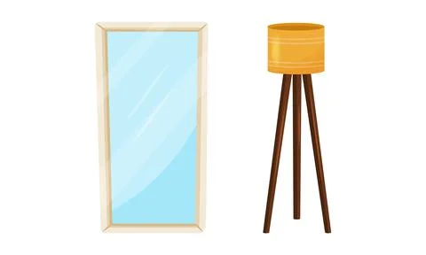 Room Interior Design Elements with Rectangular Mirrow and Lamp Vector Set 스톡 일러스트