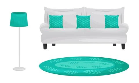 Room Interior Design Elements with Sofa and Carpet Vector Set 스톡 일러스트