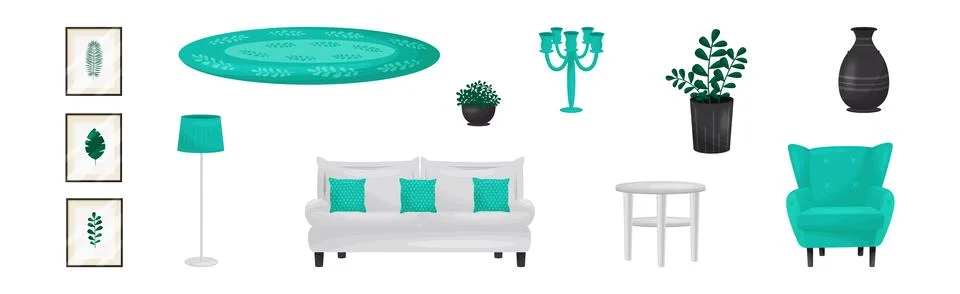 Room Interior Design Elements with Sofa, Armchair, Vase and Houseplant Vector 스톡 일러스트