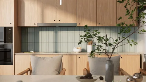 Room interior design minimal style. kitchen counter and dining table close up. Stock Footage 241290980