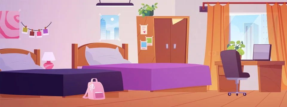 A room interior during the day with two beds, a wardrobe, a window, a desk, and Stock Illustration
