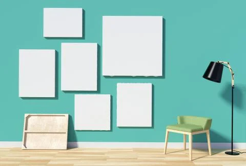 Room interior with empty canvas for mock up on green wall Illustrazione stock