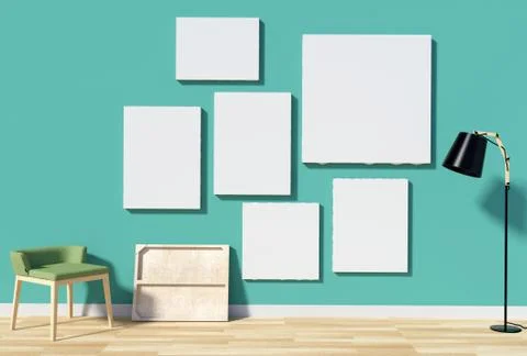 Room interior with empty canvas for mock up on green wall Stock Illustration