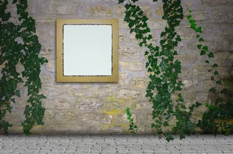 Room interior with empty marble frame and ivy Stock Illustration