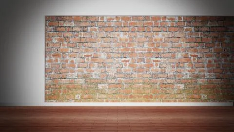 Room interior, empty weathered brick wall and wooden floor Ilustración de archivo